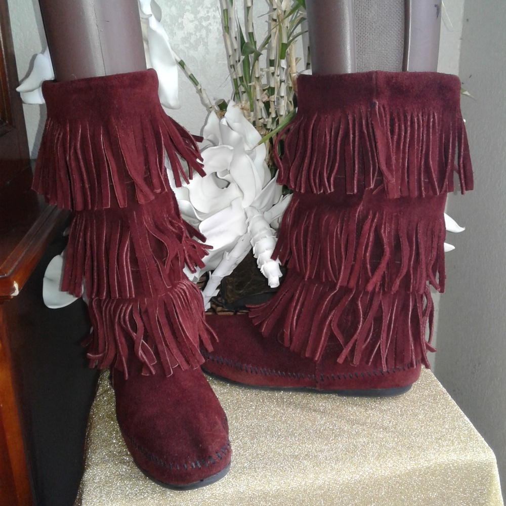 Minnetonka Burgundy Suede 3 Layer Fringe Boots - image 2
